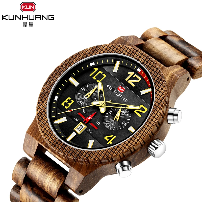 

KUNHUANG Unique Male Watch Zebra Wood Craft Black 3 Dial Chronograph Date Wooden Bracelet Quartz Movement Clock Erkek Kol Saati