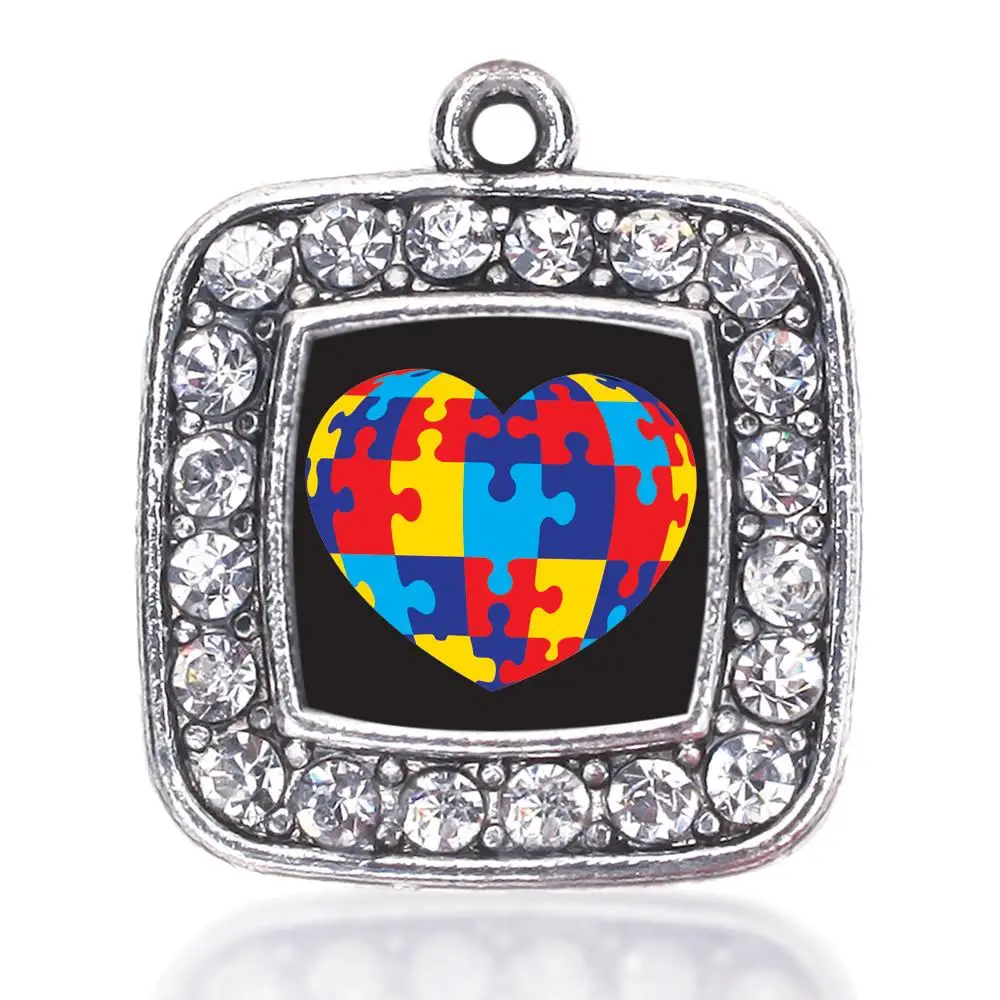 AUTISM AWARENESS HEART SQUARE CHARM ANTIQUE SILVER PLATED CRYSTAL