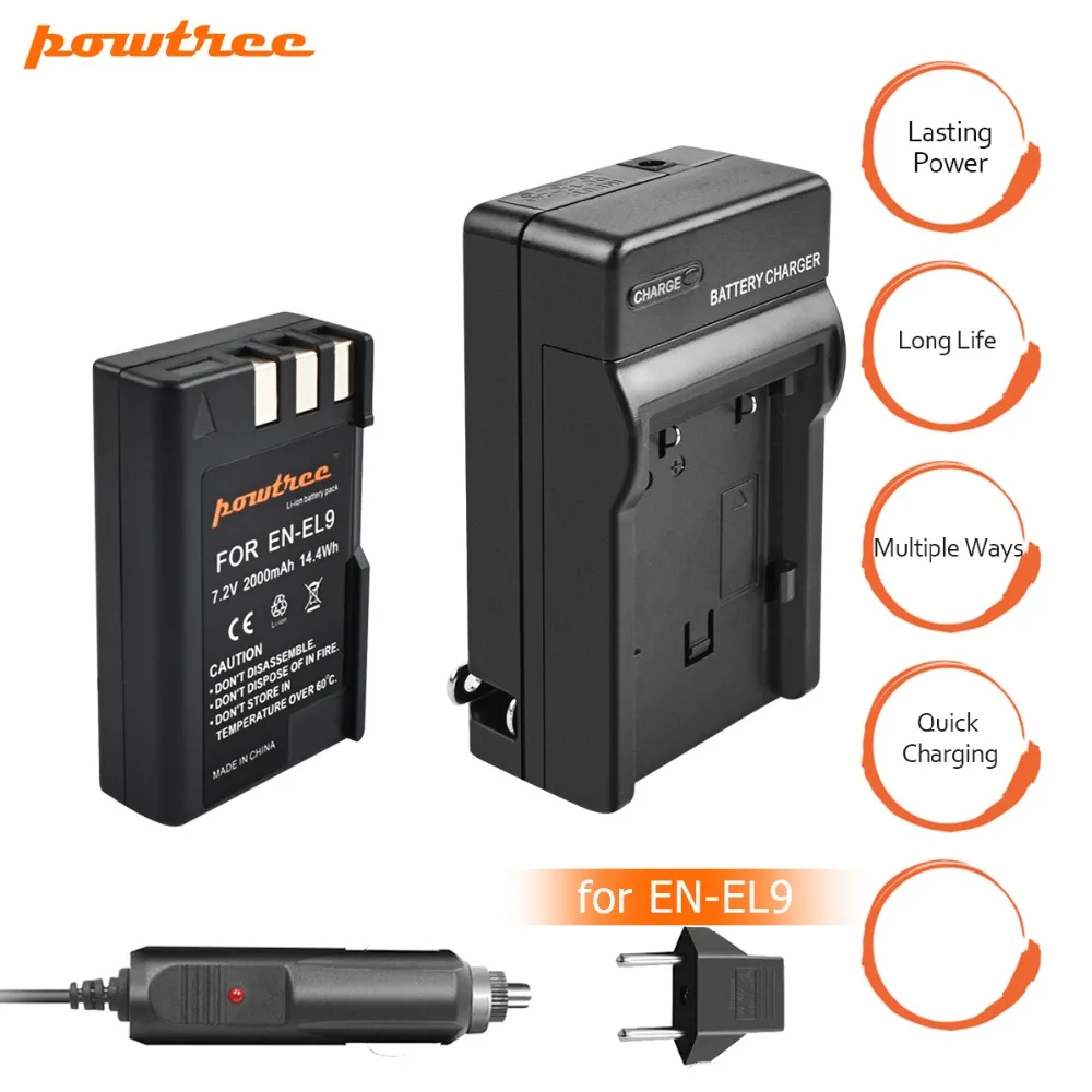 

1pcs EN-EL9 EN EL9 ENEL9 Battery +Charger+car charger 7.2V 2000mAh Camera Battery For Nikon EN-EL9a D40 D40X D60 D3000 D5000 L15