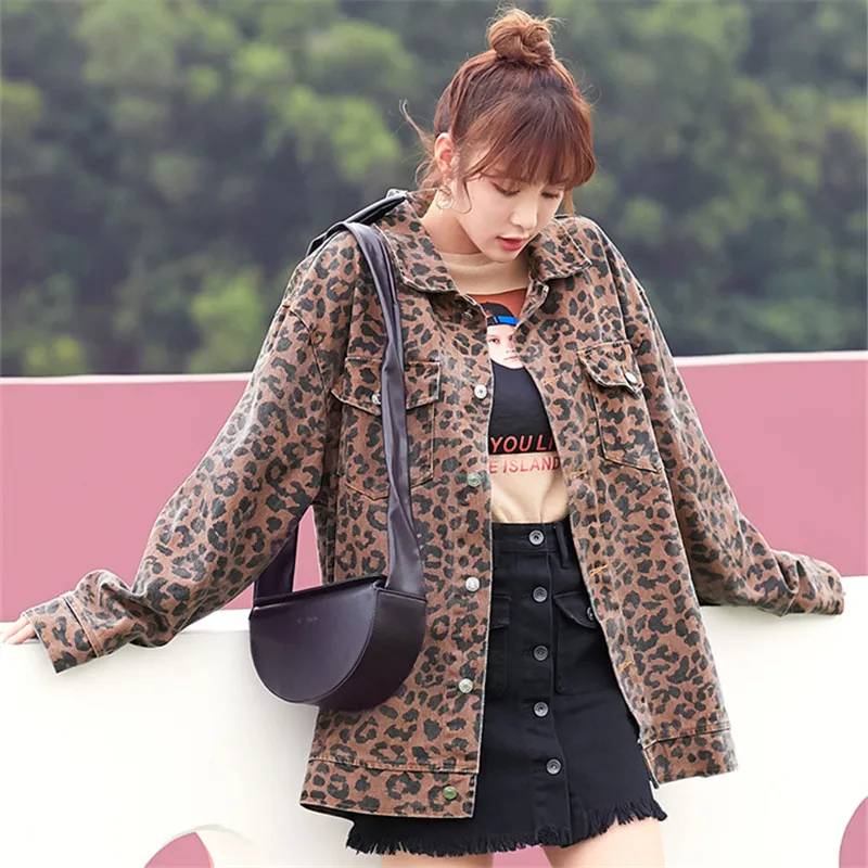 Мода Леопардовый Harajuku Для женщин джинсовая куртка 2018 осенью новый одноцветное