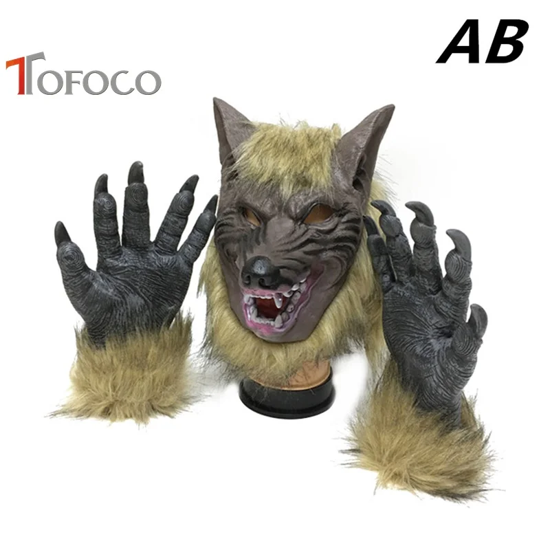 

TOFOCO New Latex Soft Wolf Mask Wolf Man Head Masks Gloves Costume Props Party Halloween Toys For Adult Kids