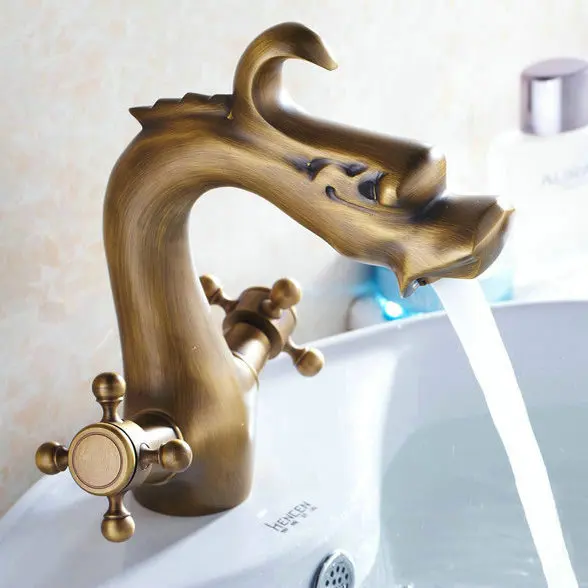 Buy Antique Brass Chinese Dragon Faucets Bathroom Basin faucet crane sink Mixer