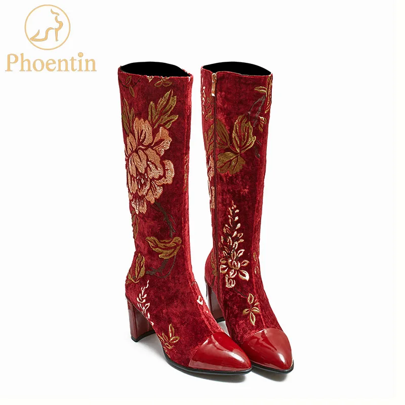 Patchwork Chaussons vin Fleur Éclair Apricot Phoentin Dames Chaussures Bottes De Ft443 Pointu Vin Velours Fermeture Brodé Longue Chine Femmes Avec Bout Rouge SGUqVzpM