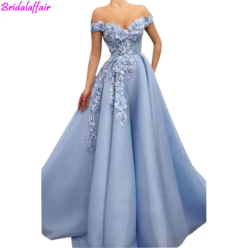 

2019 Prom Dresses off the shoulder Prom Dresses Rose Flowers Appliques Princess Dress Tulle Backless Abendkleider robe de soiree