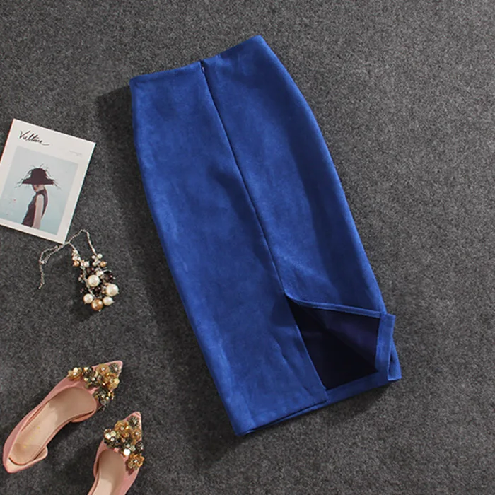 Женская замшевая разноцветная юбка-карандаш, женская Юбка-миди, Осень-зима, базовая облегающая юбка, Saia Femininas, Фасонная юбка - Цвет: Синий