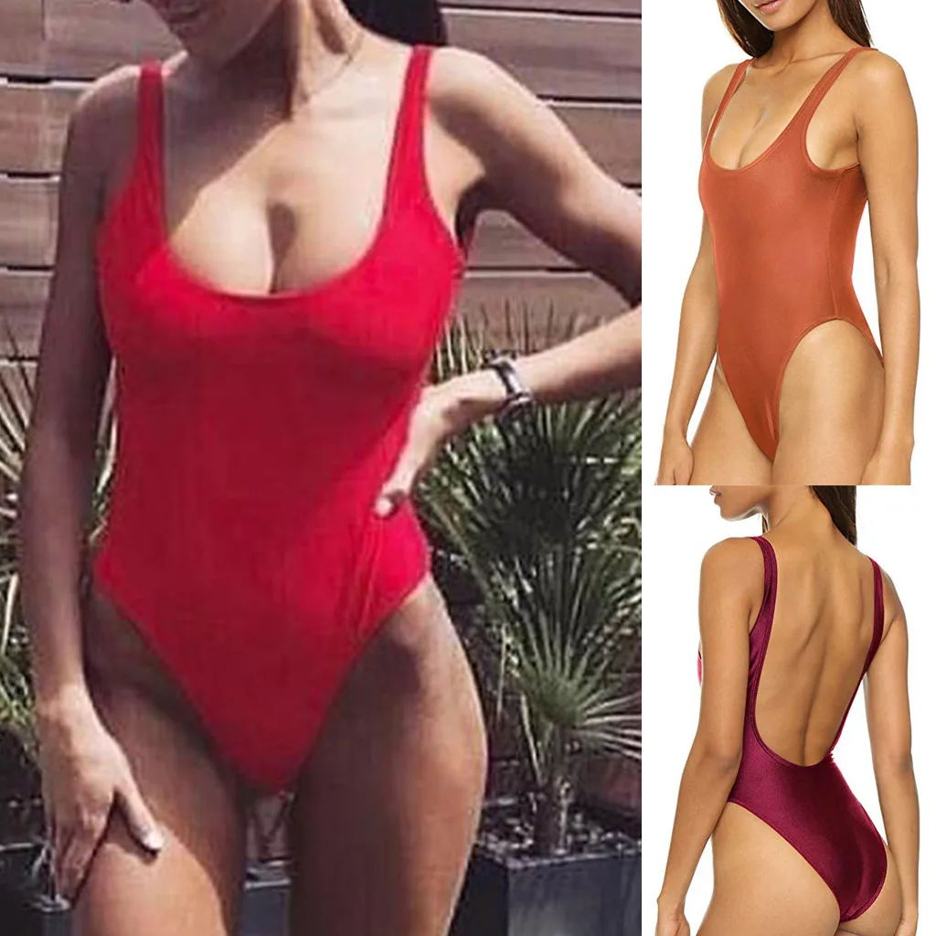 

Solid Retro Elastic High Cut Low Back One Piece Bodysuit Push Up Halter Cross Bathing Swim Suit Wear Female Beachwear L328A