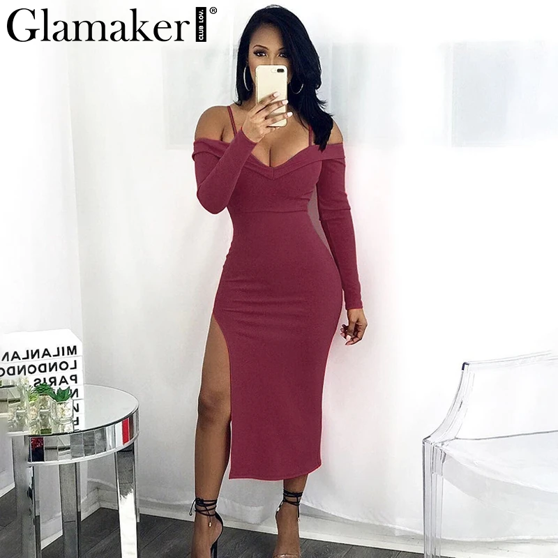 

Glamaker Off-shoulder evening women dress V neck halter bodycon sexy dress Female side split long party spring dress vestidos