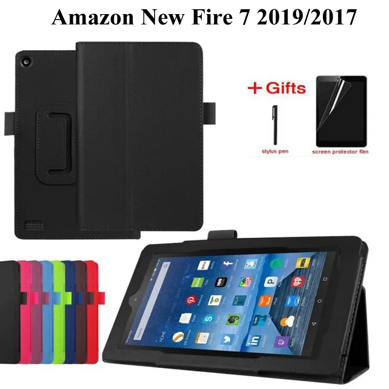 Чехол Litchi из искусственной кожи чехол для Amazon Kindle Fire 7 умный чехол-подставка для Amazon New Fire7 7,0 дюймов Чехол+ пленка+ ручка