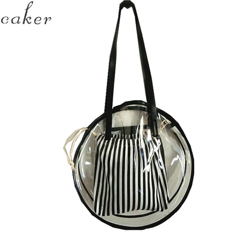 

Caker Brand Women Large Big Circle Bag Korea Shoulder Bags Transparent PVC Handbag Drawstring Stripe Inner Bag Beach Travel Bag