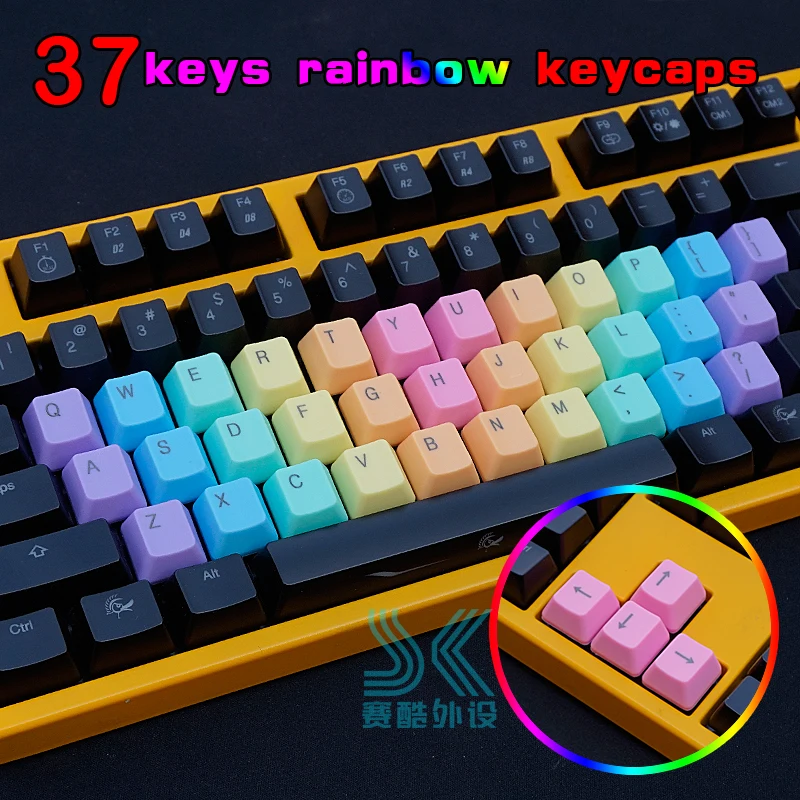 

14 37 Keys Mechanical Keyboard keycaps Colorful red OEM Height ABS Light Color Gradual Change Double color dip-dye key Caps