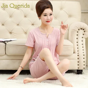

Sleepwear Summer Women Cotton Shorts Pijama 2019 New Mid-aged Mother's Plus Size Pink Plain Home Clothes Night Wear Pajamas Pink