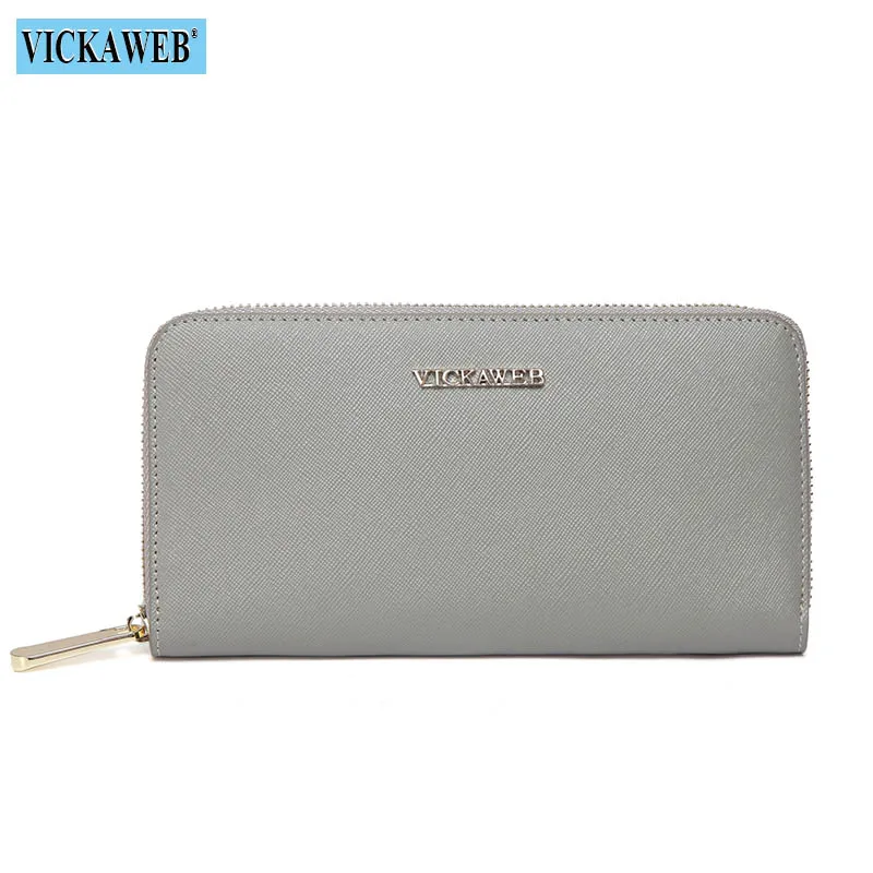 Gray Wallet VICKAWEB, большой женский кошелек, одноцветные женские кошельки, натуральная кожа, на молнии, длинные кошельки, новые стандартные кошельки, Модный женский кошелек 06 - Цвет: Gray Wallet
