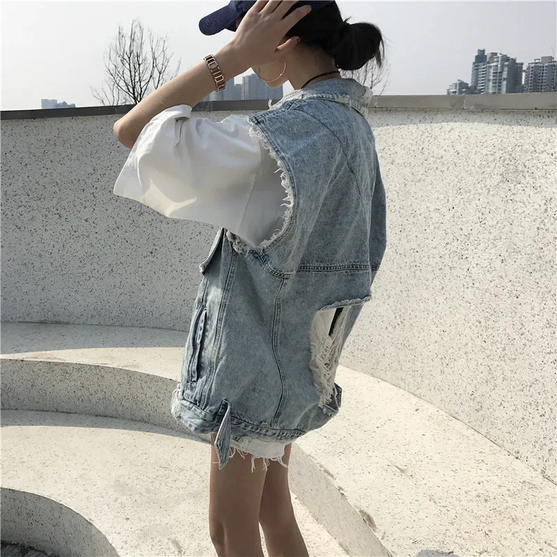 Women 2019 Spring Washed Big Hole Fringed Distressed Denim Vest Waistcoat Female Vest for Women Ssleeveless Jacket 3021