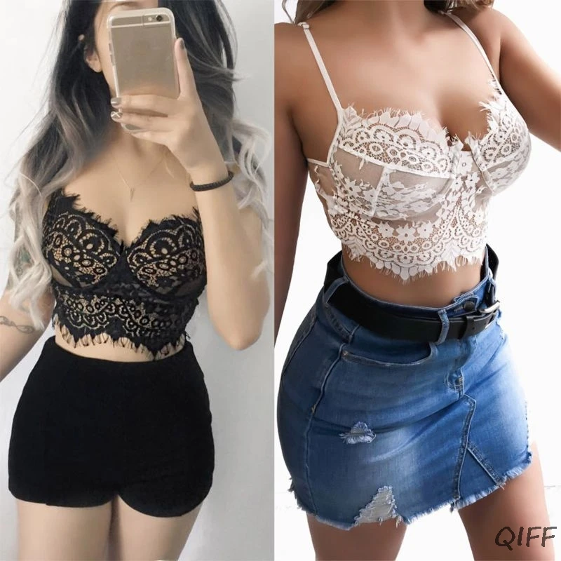 

Women Eyelash Lace Floral Bralette Bralet Bra Bustier Unpadded Crop Top Cami Tank Tops