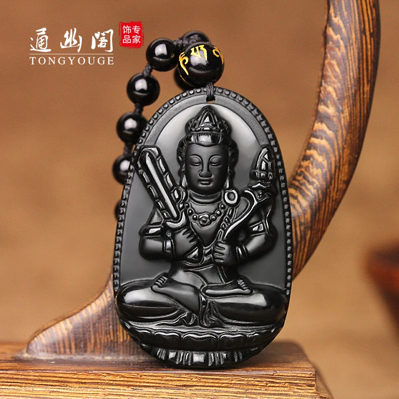 

A natural Obsidian pendant and void Tibet Bodhisattva Zodiac ox tiger natal Buddha Guardian Necklace