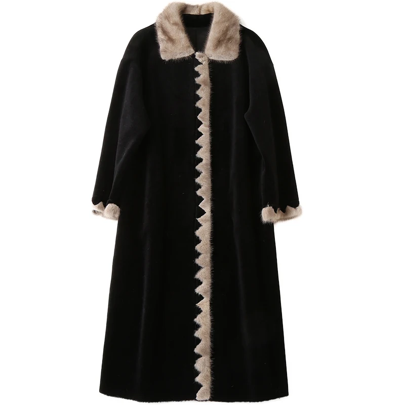 

Winter Women Coat Real Fur Women Tops Sheep Shearing Fur Coat Mink Fur Collor 2018 Long Black Wool Jacket Women Tops ZT1298