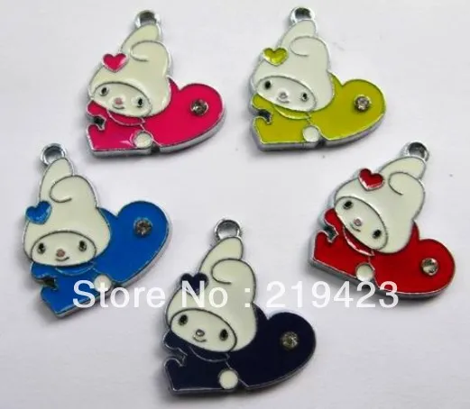 DIY Hang Charms Pendands 100pcs Mix color One Rhinestone Rabbit Enamel Zinc alloy Metal Jewelry accessories Fit cellphone