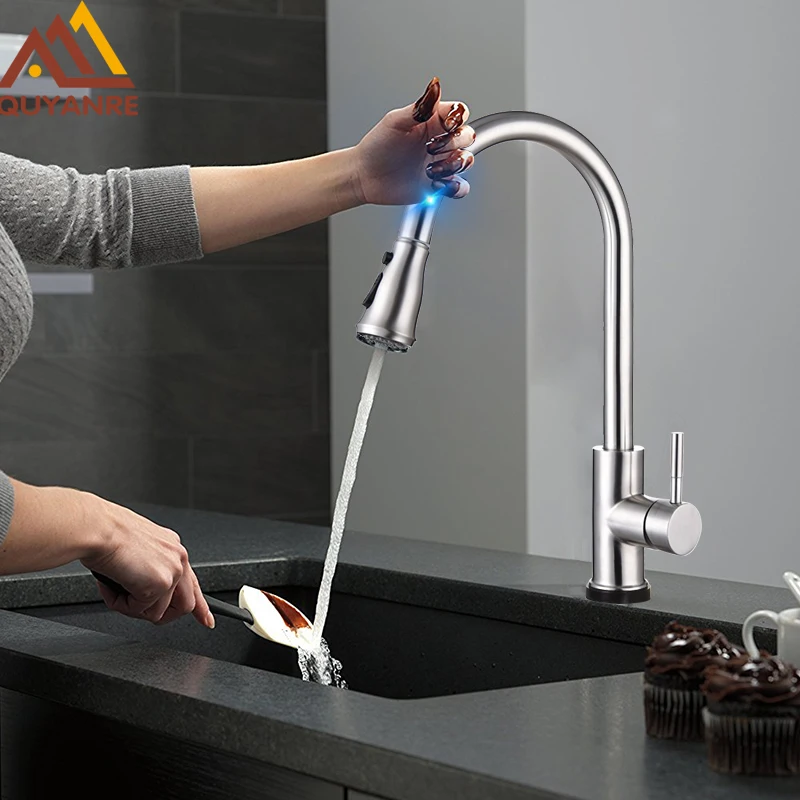  Quyanre High Arc Brushed Nickel Pull Out Touch Sensor Kitchen Faucet Lead-free Pull Out Smart Kitch - 32891225533