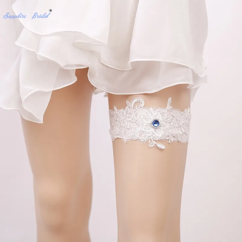 Сапфир свадебные женские белые кружевные подвязка с цветами с синими стразами подвязка на ногу 1 шт./компл. Косплей модные чулки Свадебные