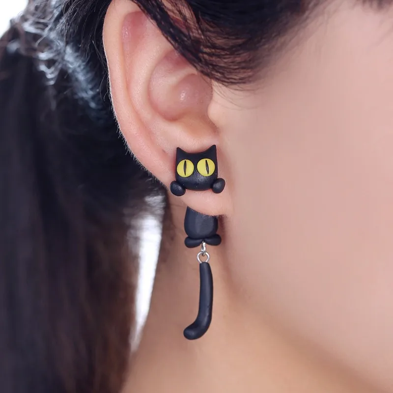 

2019 New Design Fashion 100% Handmade Polymer Clay Yellow Eyes Cat 3d Animal Stud Earrings For Women Ear Stud Jewelry Brincos
