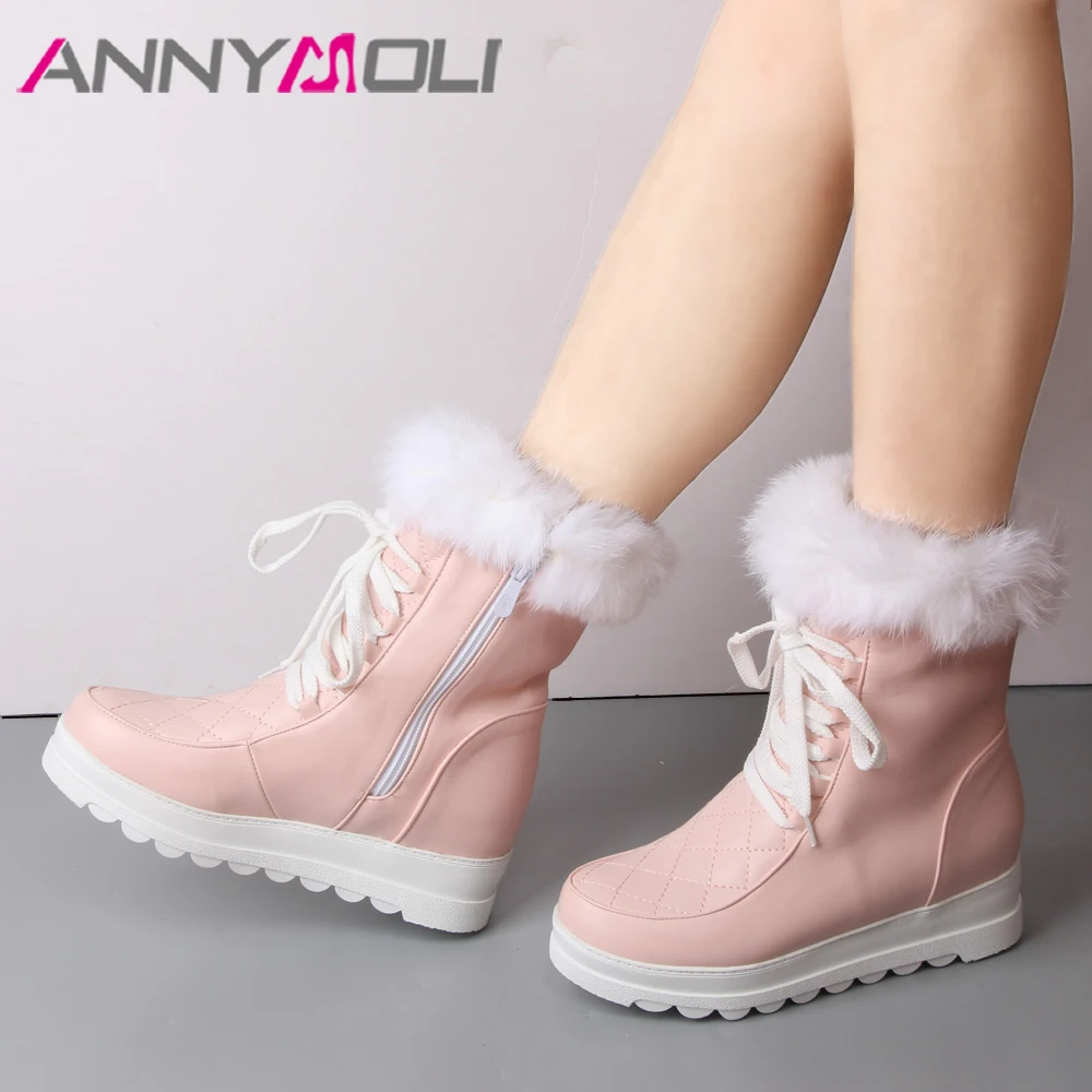 

ANNYMOLI Snow Boots Mid Calf Boots Women Winter Plush Platform Wedge Heel Boots Zipper Real Rabbit Fur Cotton Shoes White 34-43