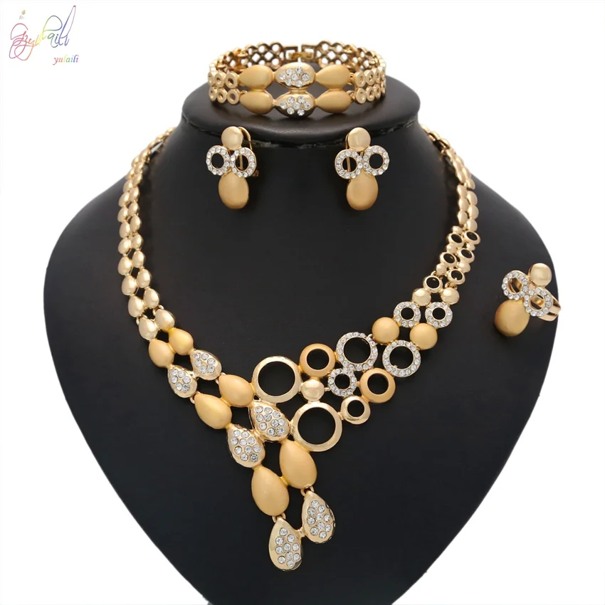 YULAILI African Wedding Party Fine Jewellery Set Gold Color Rhinestone