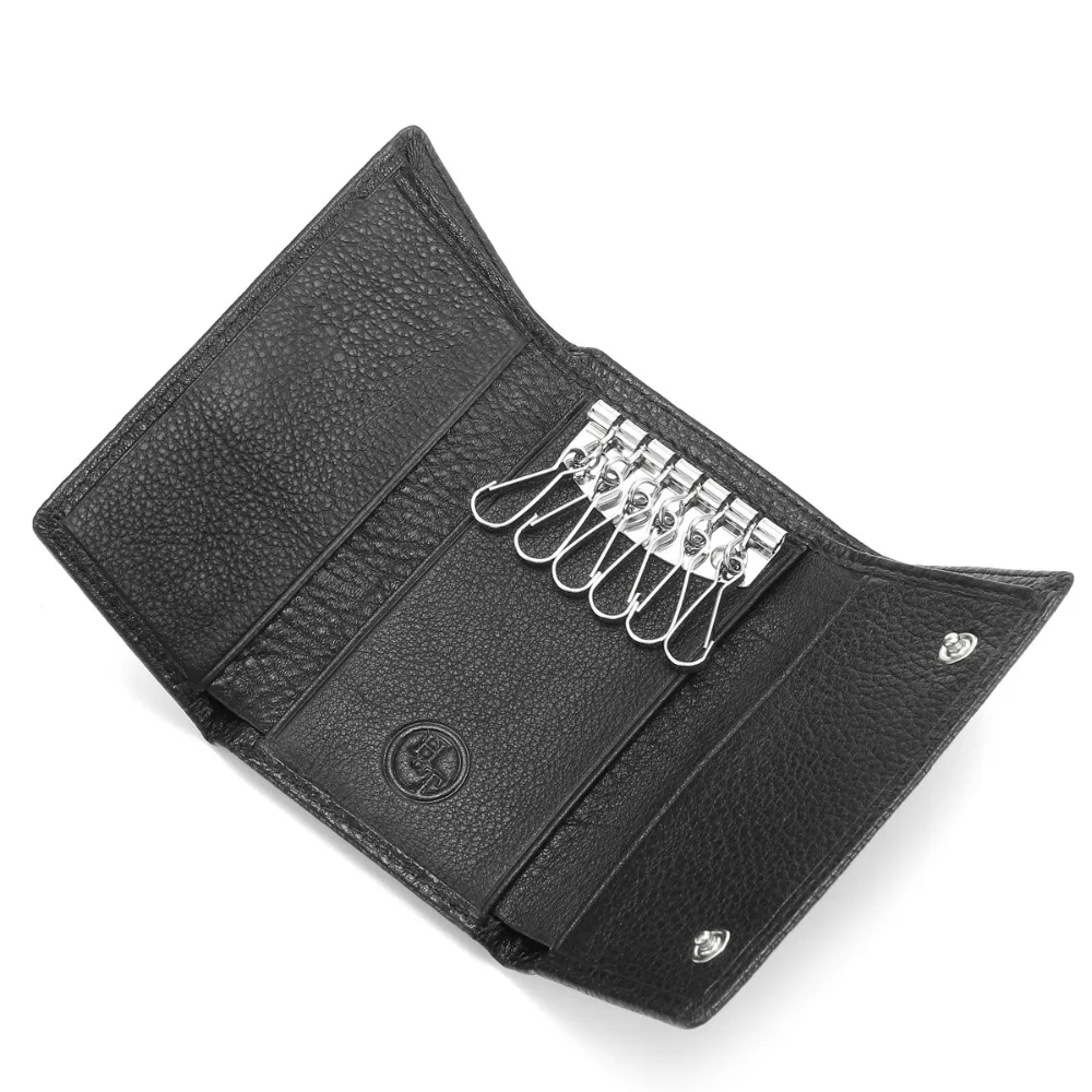 

HT Key Wallets Genuine Leather Car Key Holders Black Cowhide Housekeeper Door Keys Storage Organizers Cases Unisex Money Bag
