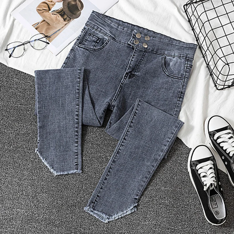 

JUJULAND New Slim Stretch High Waist Skinny Jeans Female Scratch Worn Feet Vintage Blue Pencil Pants Women Jeans Plus Size 8215