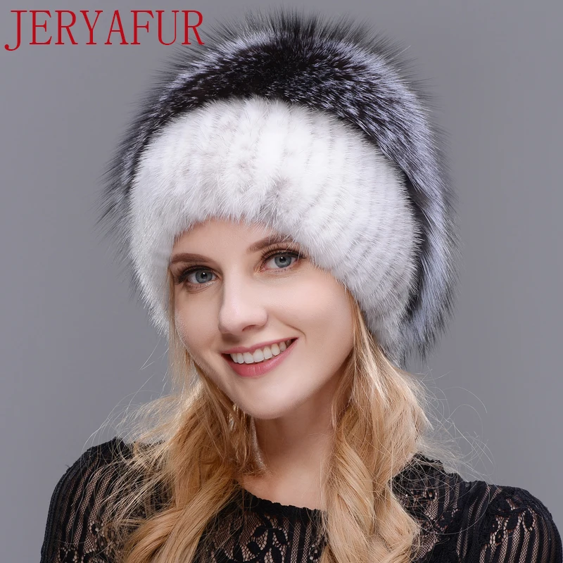 JERYAFUR, русская вязаная шапка, новинка, шапка из норки и лисы, шапка из натурального меха, шапка, зимняя женская Лыжная шапка, защита ушей