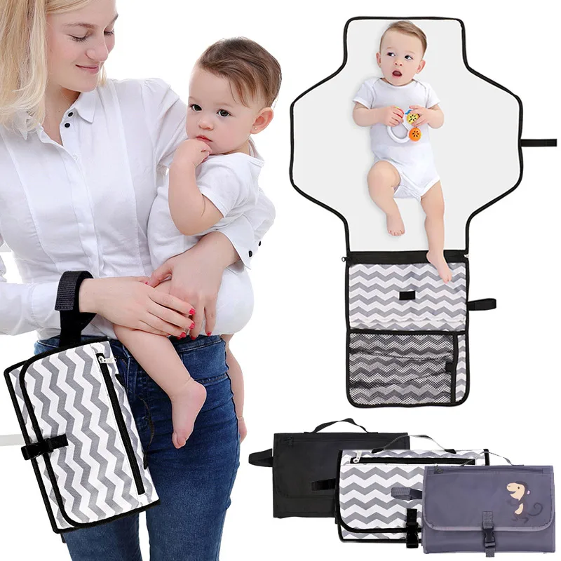 

Baby Diaper Changing Pad with Cushioned Mat Pacifier Clip Portable Changing Station with Pockets AN88