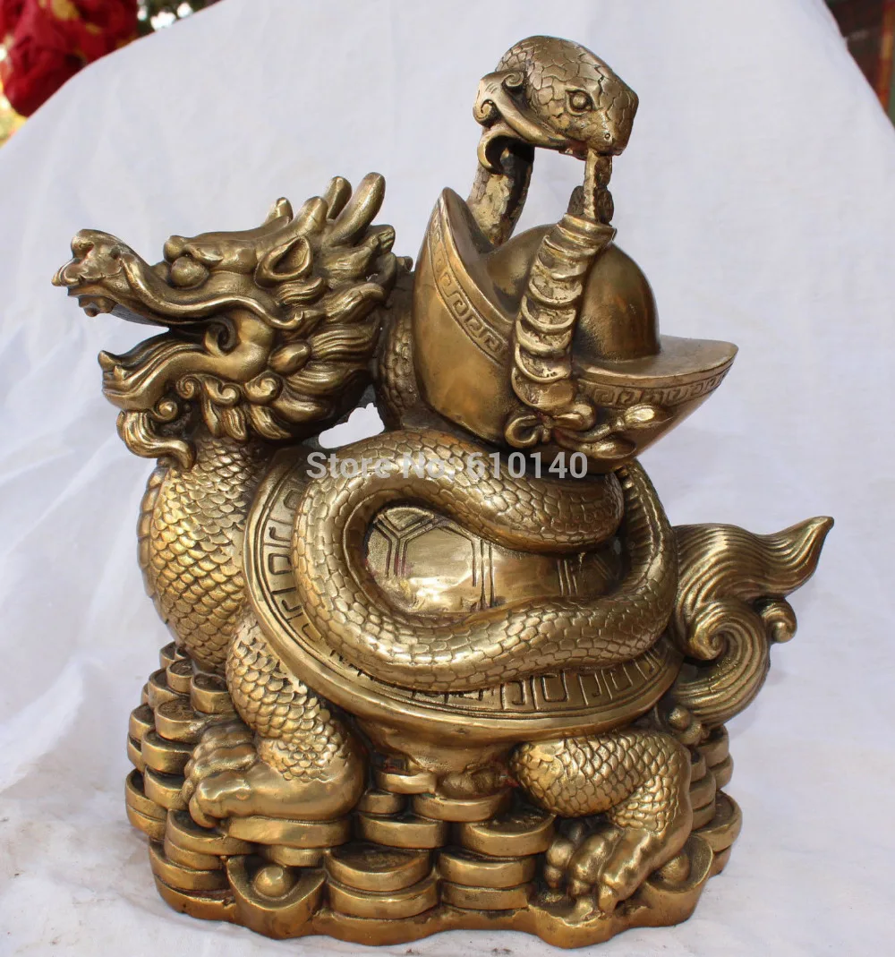 

13" Chinese Bronze Wealth Money Dragon Turtle tortoise Snake YuanBao Statue