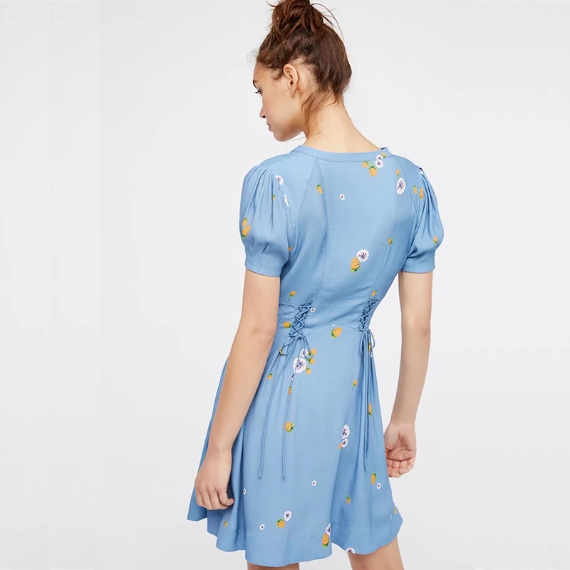 yinlinhe Floral Lace Up Summer Dress Short Sleeve Blue Slim Waist Sexy Women Beach Dress V neck Elegant Bohemian Vestidos