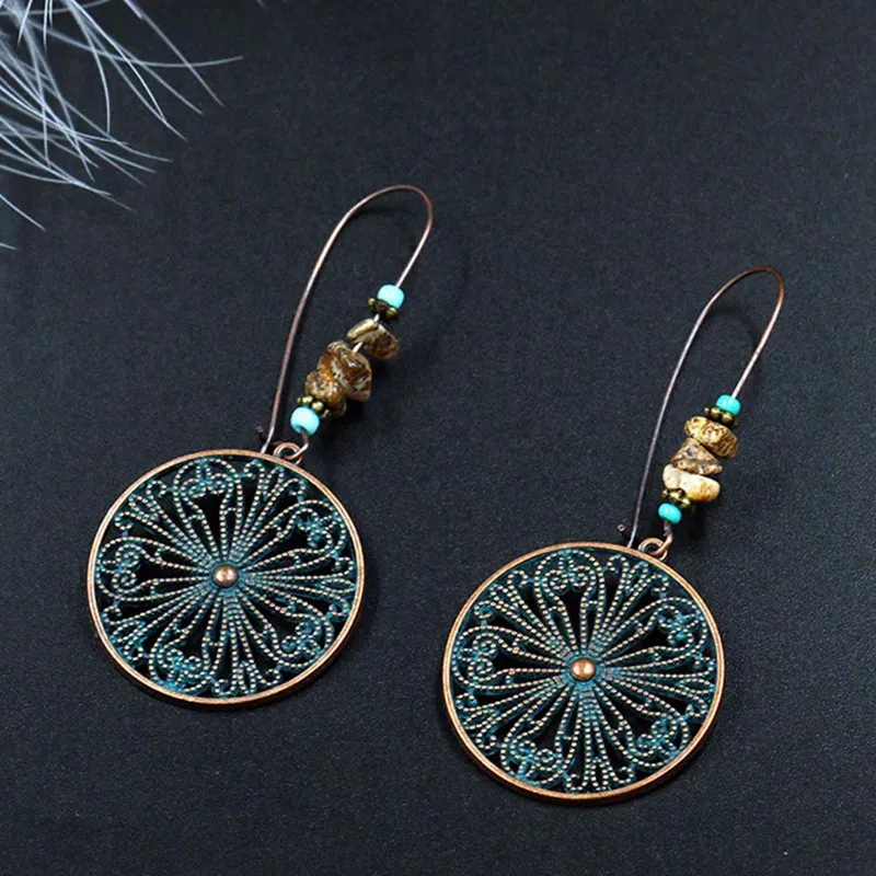 

New Arrival Vintage Color Earring Round Hollow Flower Retro Women Earrings Hanging Earrings Jewelry Accessories Gift