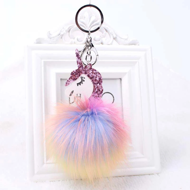 

Anime Muti-Color Cute Unicorn Key pendant With Fluffy Pom Pom Faux Fur Key Pendant Cartoon Unicorn Toy For Girls Bag Pendant