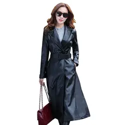 Осень PU искусственная кожа Женская ветровка пальто 2018 Мода выше колена длинный стиль Женская искусственная кожа пальто