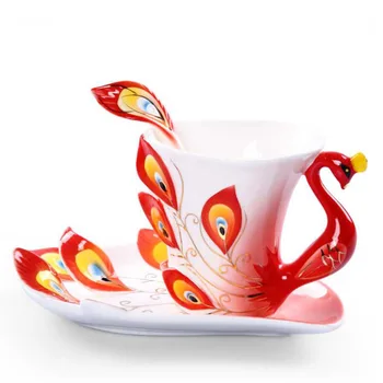 

Ceramic health mug coffee cups set Porcelain Enamel Mugs Peacock Tea Coffee Cup Ceramic Colored Drawing Creative Tea Cup
