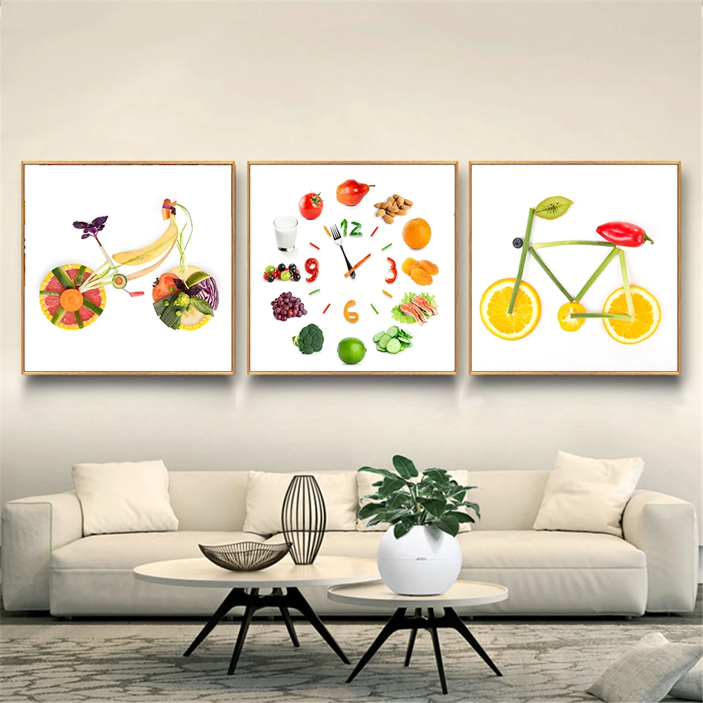 

Canvas Print Food Painting Fruit Poster Bike Apple Lemon Cute Bicycle Kitchen Clock Wall Pictures for Living Room Bathroom Decor