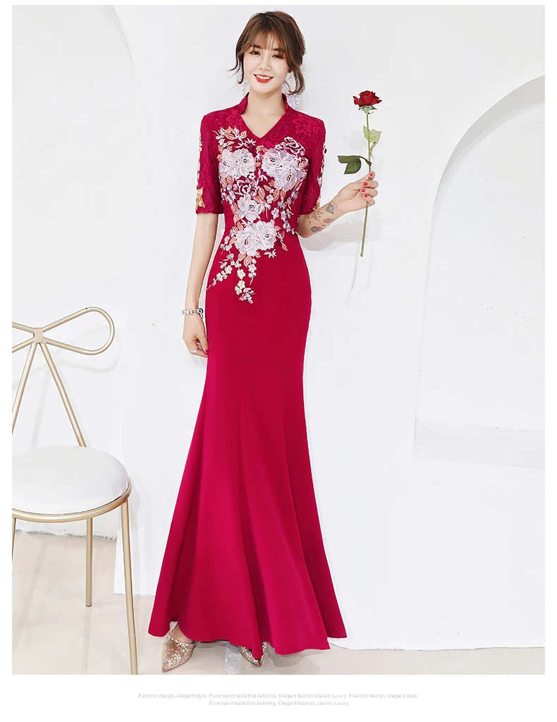 Современная мода новая Русалка Длинные Cheongsam Красная цена платья Qi Pao для Женщин Китайское вечернее китайское платье-Ципао оригинальный