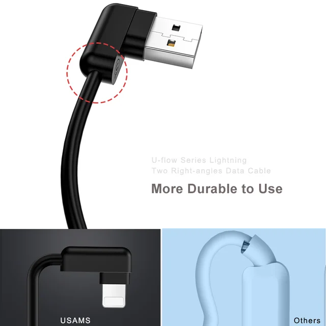 USAMS Type C Data Cable L Bending USB C Charge Cables for Samsung Xiaomi Data Sync USB Phone Cable Fast Charging Cable type-c