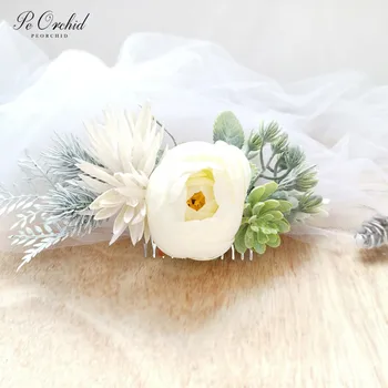 

PEORCHID 2019 Wedding Flower Hair Comb Green Headpiece Floral Ivory Hair Clip Bridal Hair Vine Boho Brides Hair Accessories