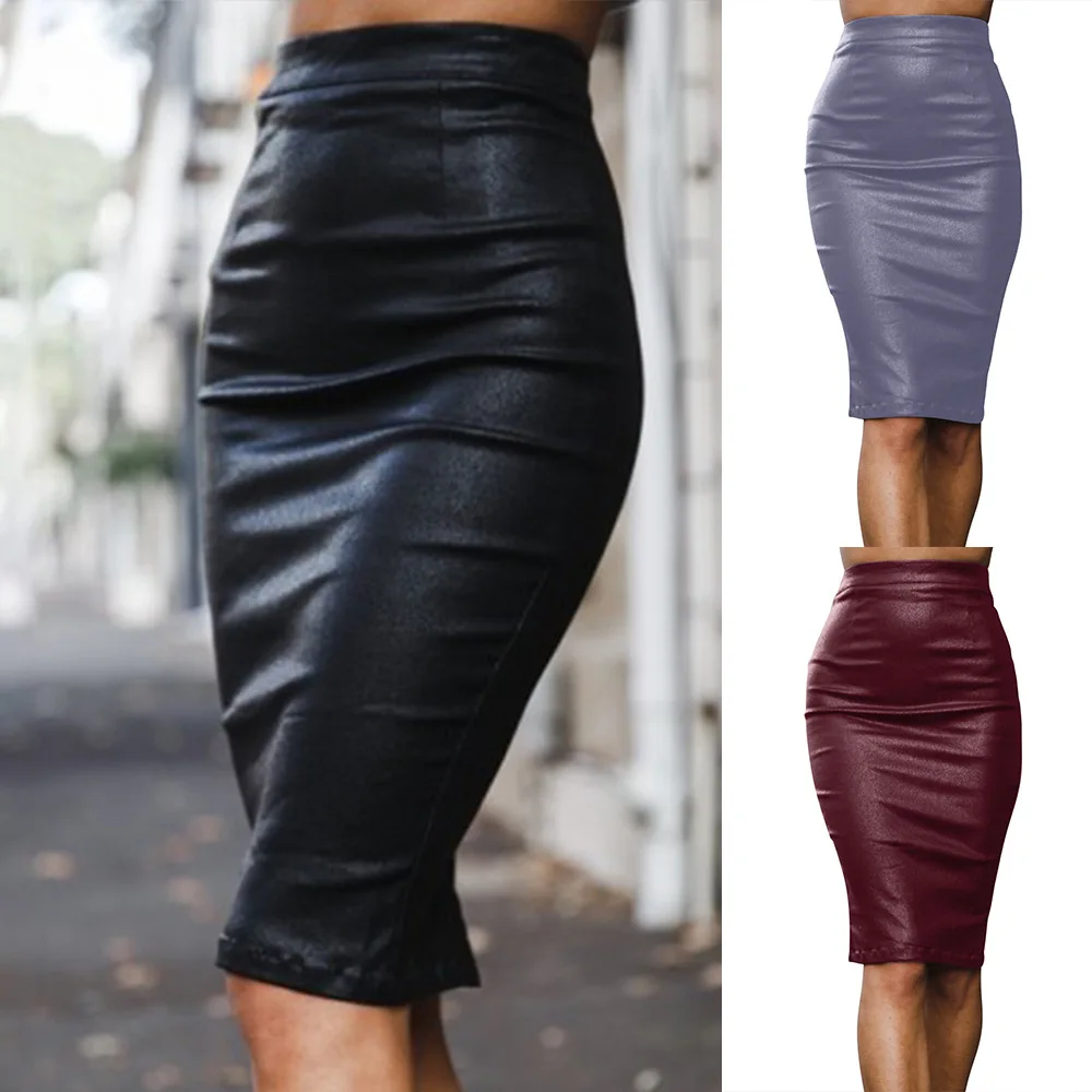 

Sexy Black Gray Red Pu Leather Skirt Bodycon Women High Waist Knee-length Pencil Skirt Backless High Split Zipper Velvet Skirts