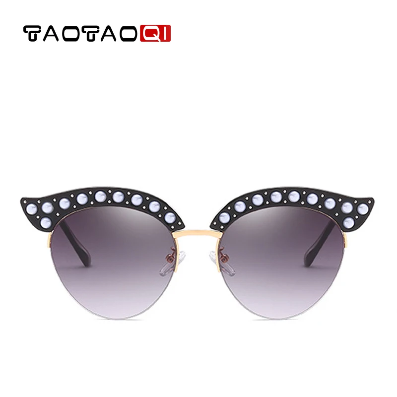 

TAOTAOQI New Brand Half Frame Cat Eye Sunglasses Women Designer Fashion Eyebrow Shape Pearl Decoration Sun Glasses UV400