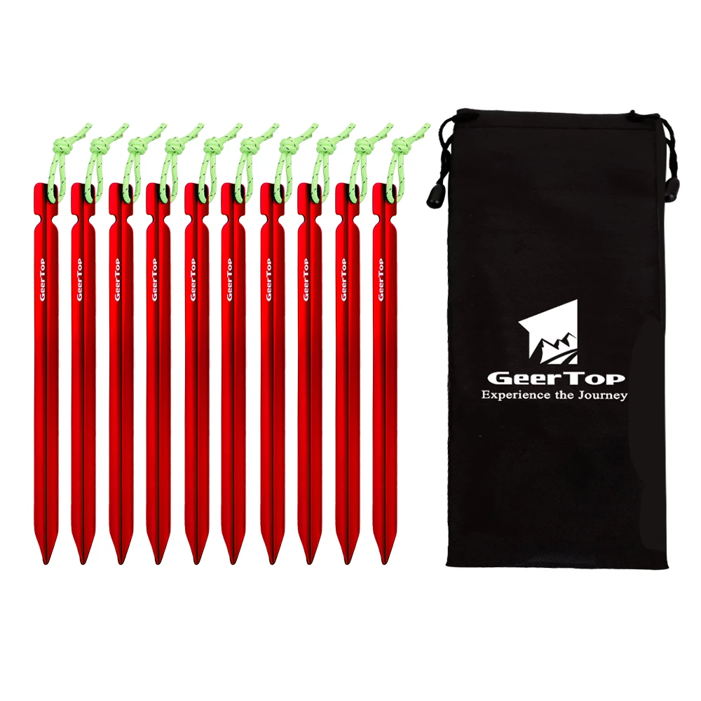 

GEERTOP Utralight Aluminum Tent Peg 10 PCS 18cm Tent Stakes with Reflective Rope and Nail Storage Bag for Camping Beach Sand