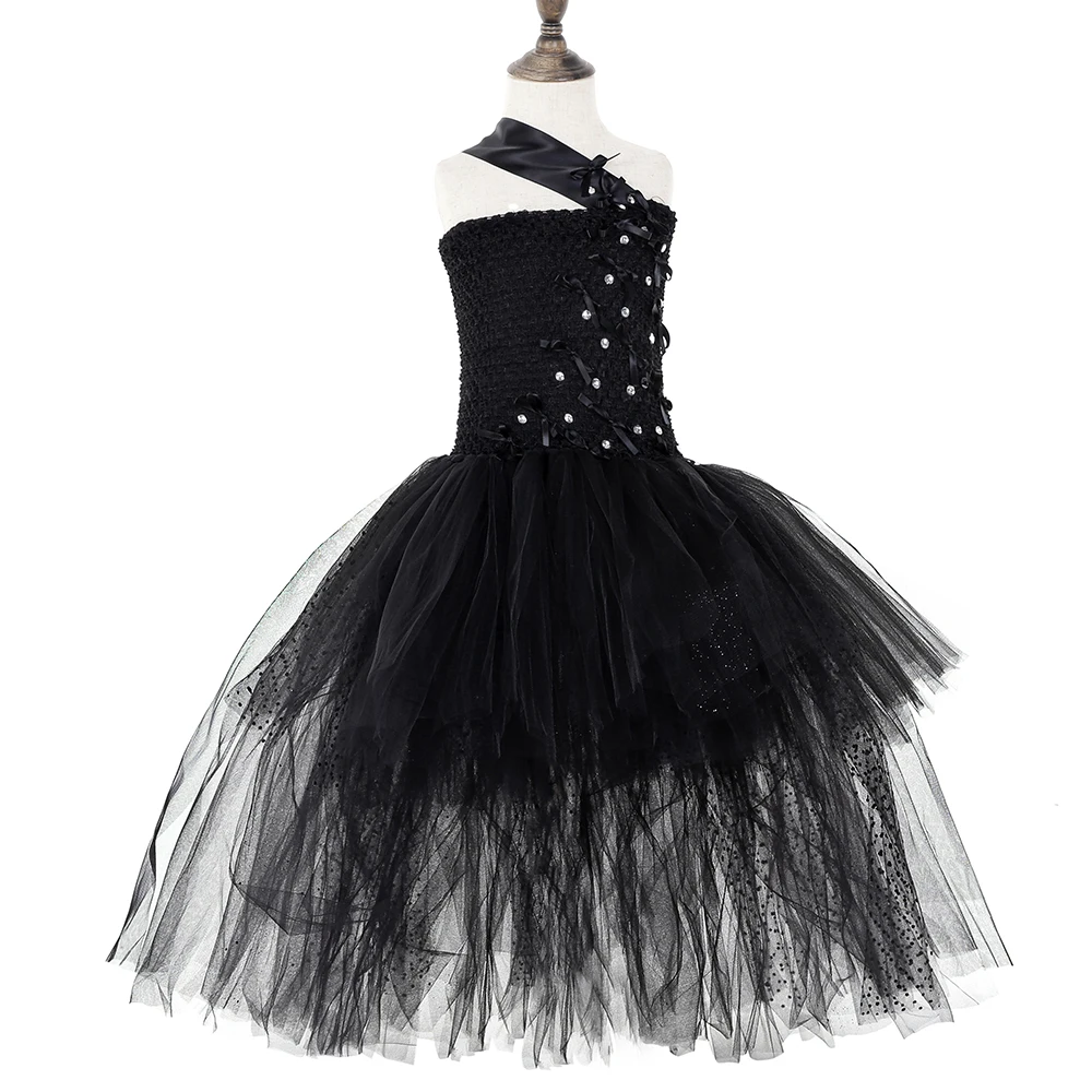 Черное платье-пачка для девочек платье принцессы на одно плечо со стразами и бантом для дня рождения, вечернее платье-пачка для девочек, платье, костюм