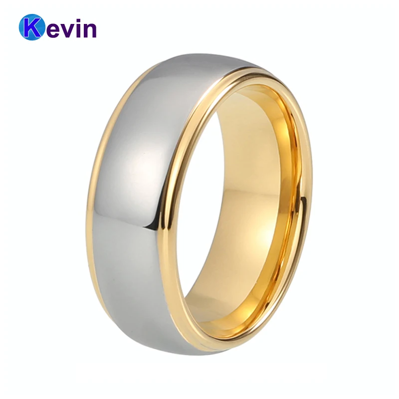 

Men Women Tungsten Wedding Band Yellow Gold Ring Stepped Domed Polished Shiny Comfort Fit
