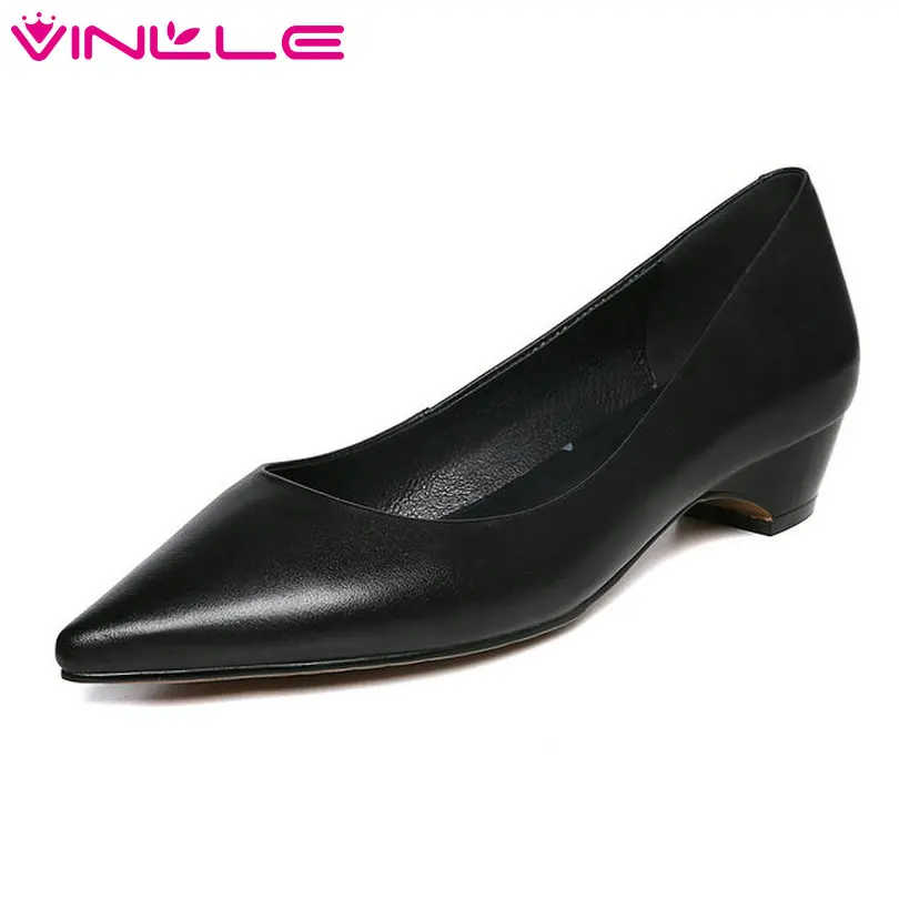 VINLLE 2018 Women Pumps Pointed Toe Genuine Leather Slip On Black