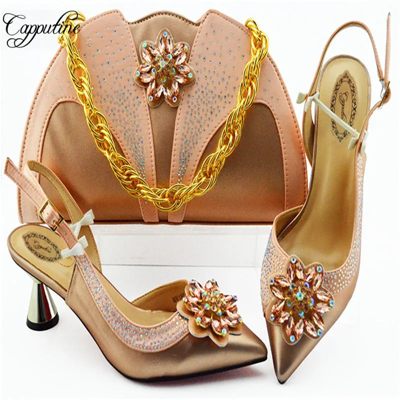 Classics Italian Woman Stone Peach Color Shoes And Bag Set Italian