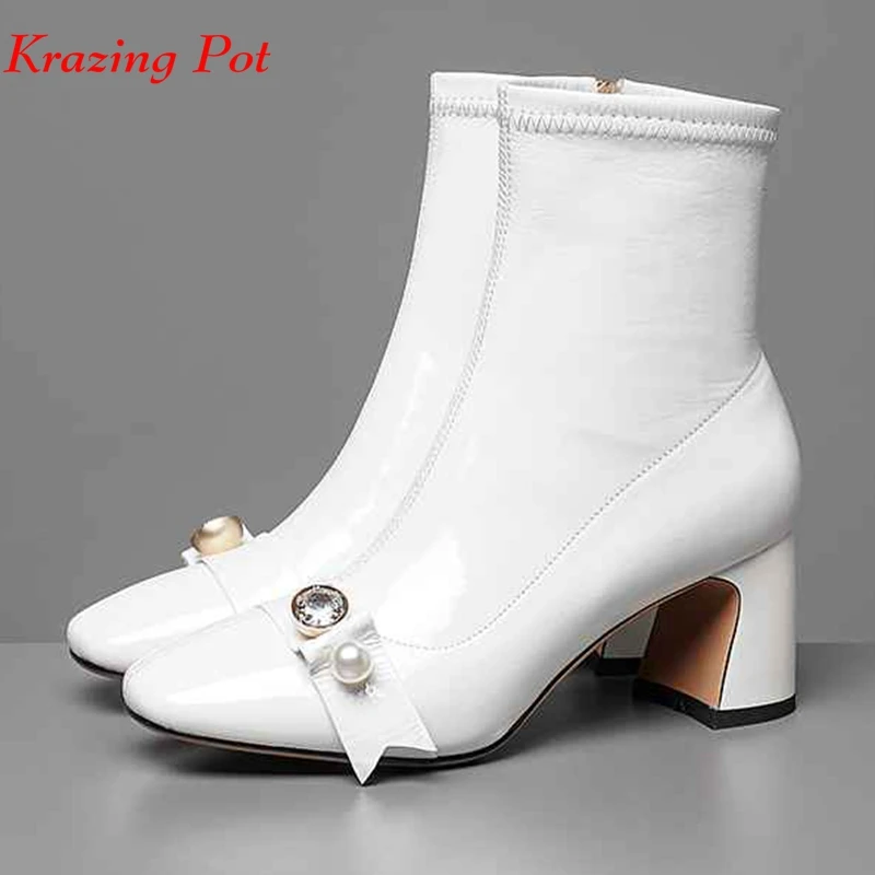 

Krazing Pot 2018 full grain leather luxury basic vintage boots style pearl-studded metal decoration thick heels ankle boots L18