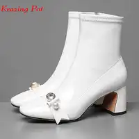 Krazing Pot 2018 full grain leather luxury basic vintage boots style pearl-studded metal decoration thick heels ankle boots L18