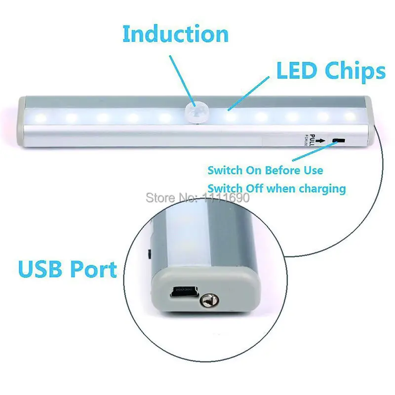 Перезаряжаемая палка на любом месте 10-светодиодная USB зарядка беспроводной датчик движения шкаф СВЕТОДИОДНЫЙ ночник с магнитной полосой